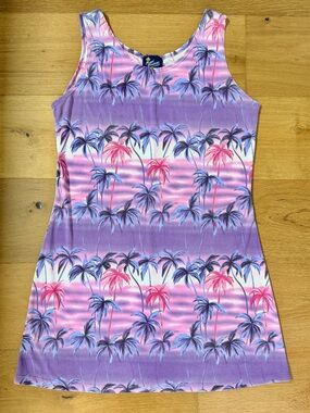 VTG 90s Royal Creations Palm Tree Sunset Wakiki Hawaii Tropical Tank Mini Dress